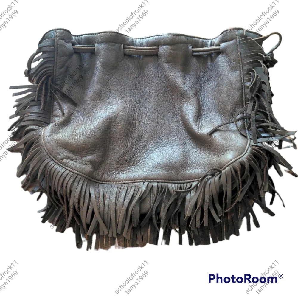 Vintage leather cinch bag with fringed trim - Picture 5 of 9
